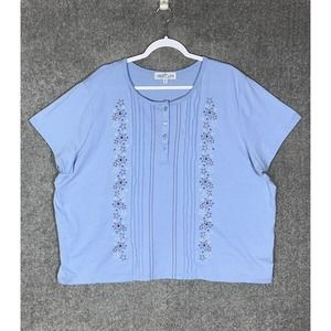Liberty Lane Short Sleeve Embroidered‎ Stars Pintuck Top Womens Size 3X Blue